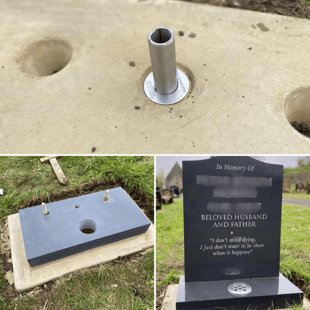 Close-up of a memorial fixing and photographs of a stone being re-fixed