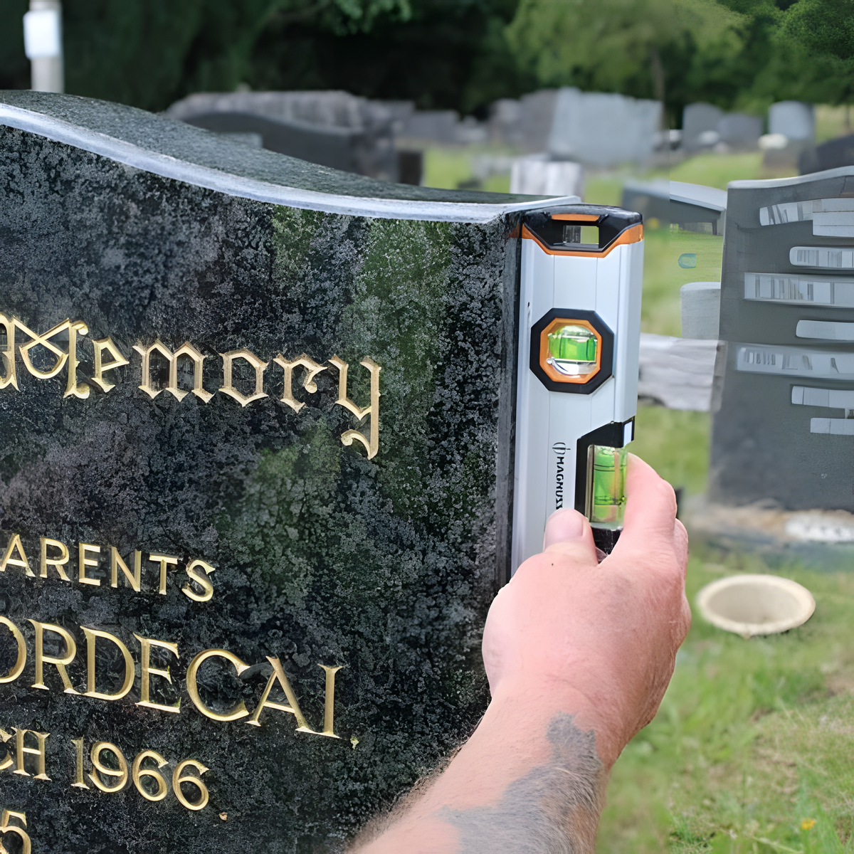 A level being held against a memorial to check its alignment